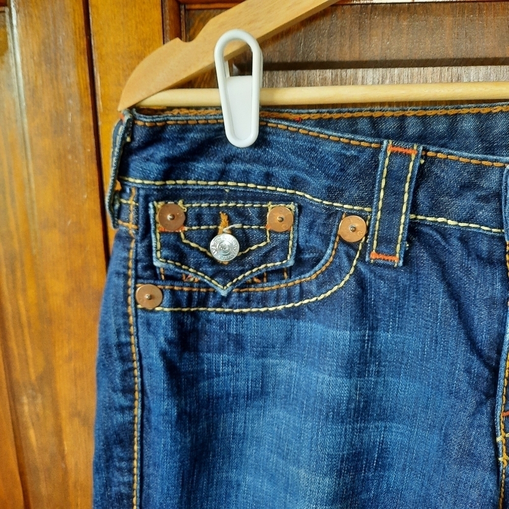 True Religion Joey Big T Twist Leg Flare Dark Wash Thick Stitch Flap Pockets 32 - Picture 5 of 14